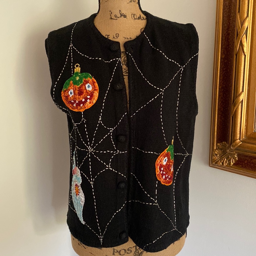 Christopher Radko Bellepointe Black Halloween Pumpkin Ghost Sweater Vest Medium
